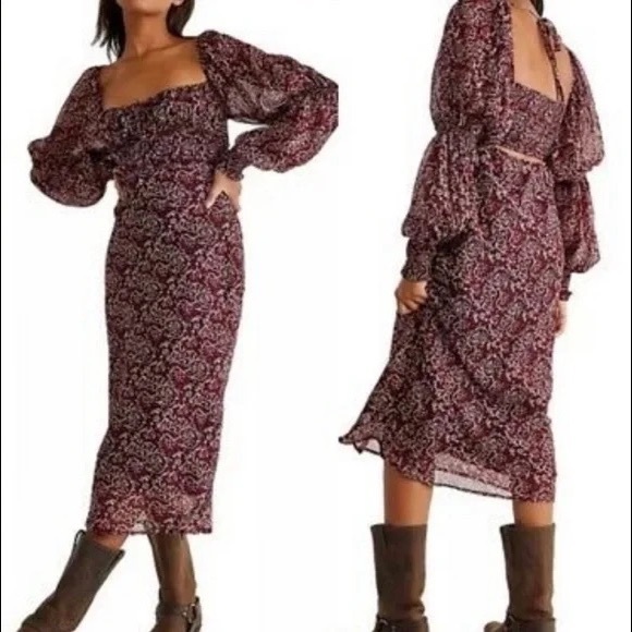 Free People Aglow Smocked Long Sleeve Midi Dress